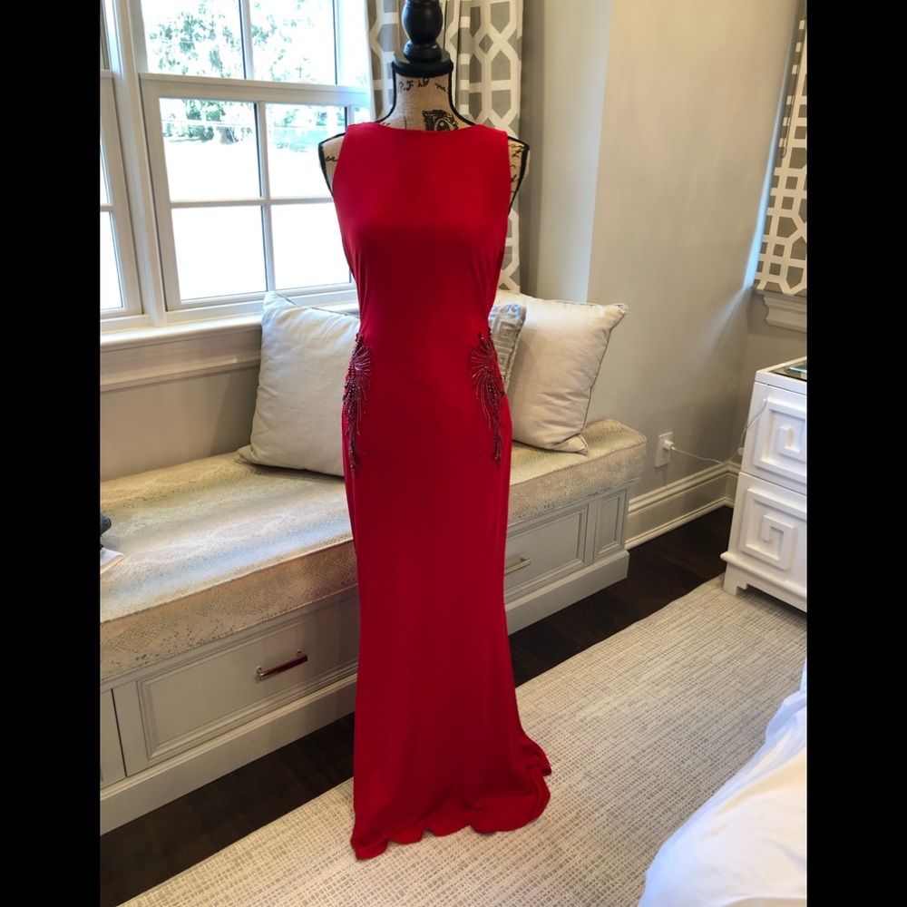 Red evening gown with beaded waist low back